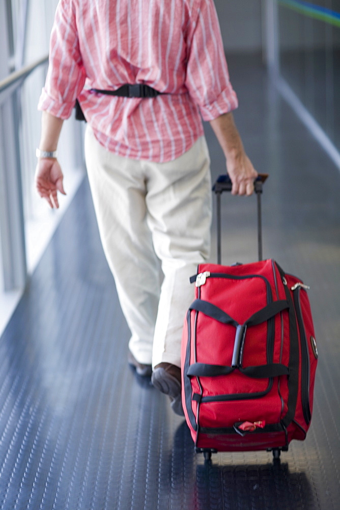 Rear view of a man walking and carrying a bag, Madrid, Spain