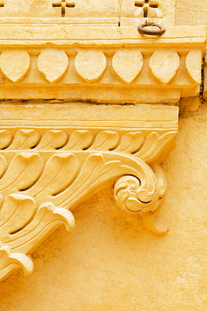 Close-up of carved wall of a palace, Rajmahal, Jaisalmer, Rajasthan, India