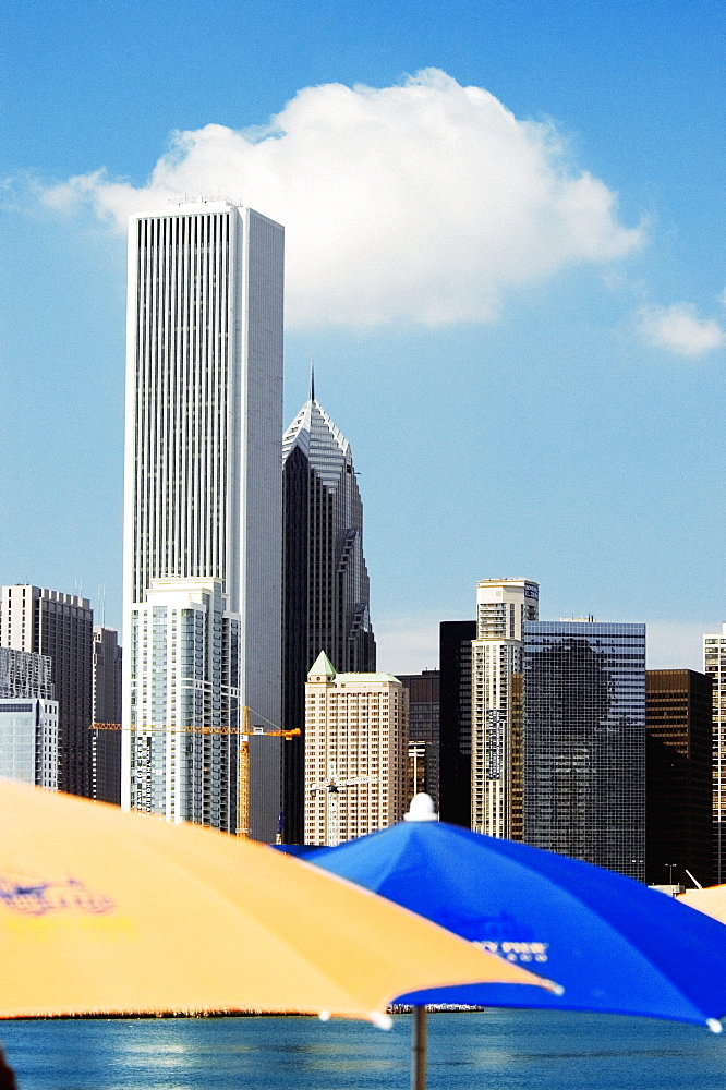 Close-up of beach umbrellas at the pier, Navy Pier, Chicago, Illinois, USA