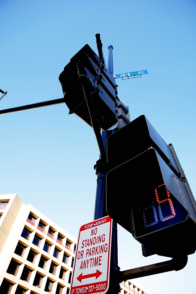Low angle view of traffic light, Downtown, Washington DC, USA