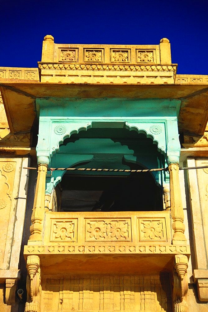 Low angle view of a balcony of haveli, Patwon Ki Haveli, Jaisalmer, Rajasthan, India