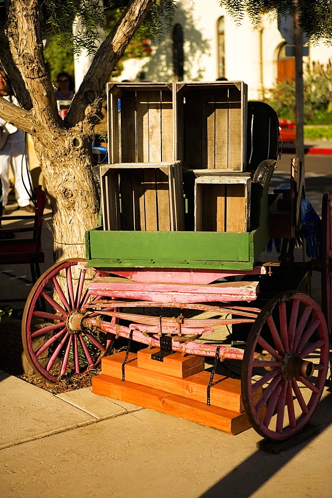 Rear view of an old cart with wooden boxes, San Diego, California, USA