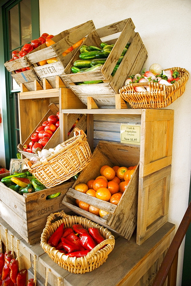 Display of baskets of artificial vegetables, San Diego, California, USA