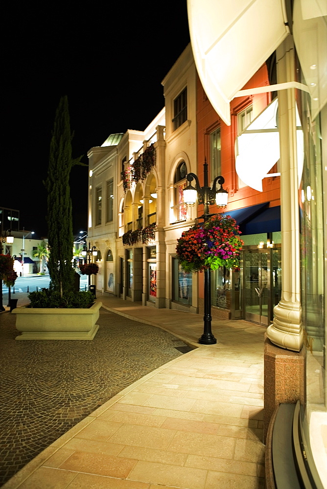 Sidewalk of Rodeo Drive at night, Los Angeles, California, USA