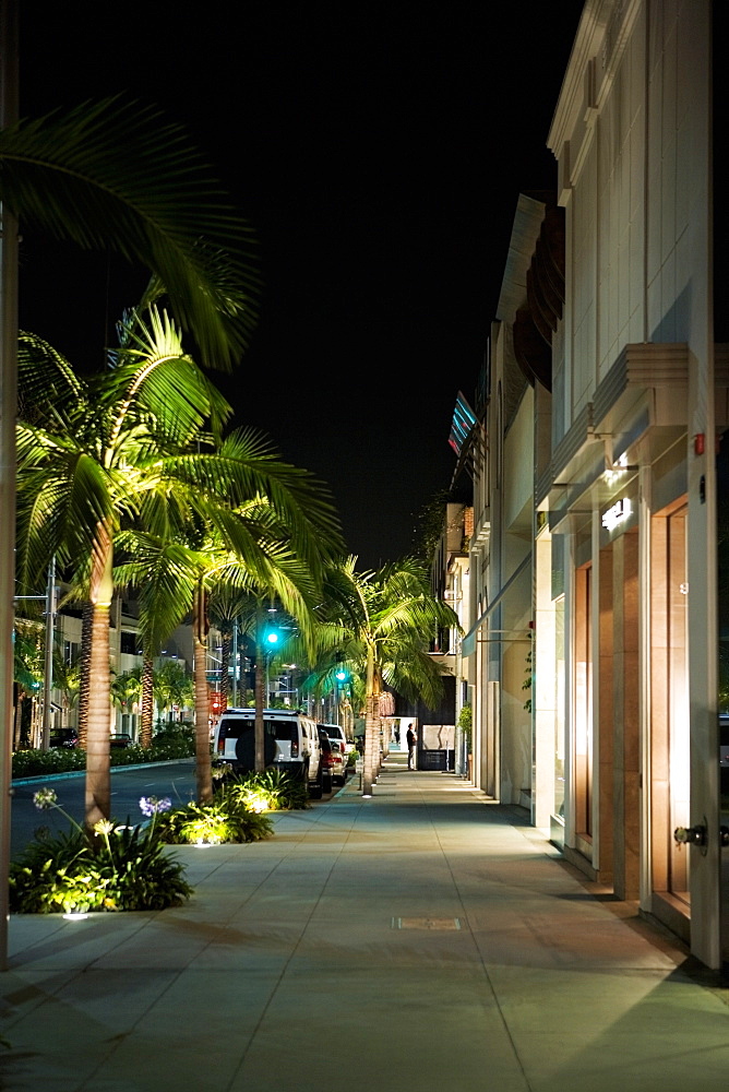 Sidewalk at the Rodeo Drive at night, Los Angeles, California, USA