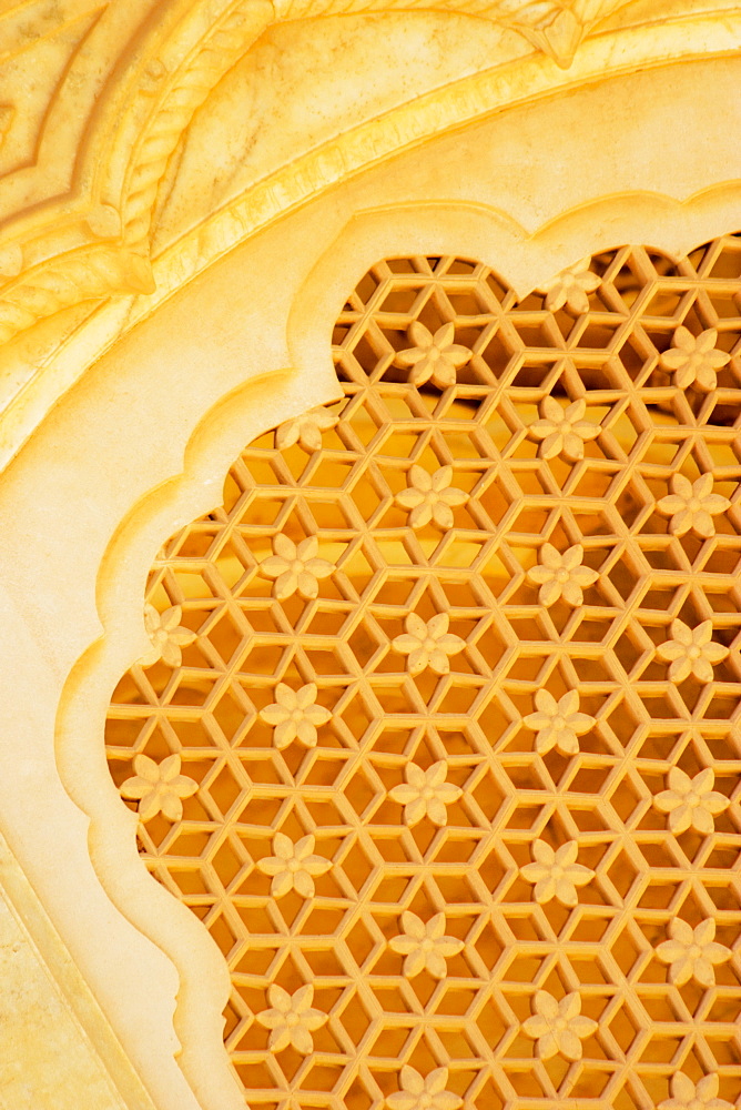 Close-up of carved stone wall of a palace, Royal Gaitor, Jaipur, Rajasthan, India