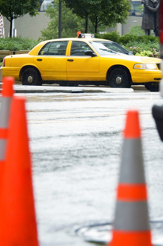 Close-up of traffic cones on a road, Chicago, Illinois, USA