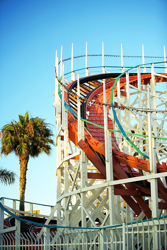 Low angle view of the framework of a rollercoaster, San Diego, California, USA