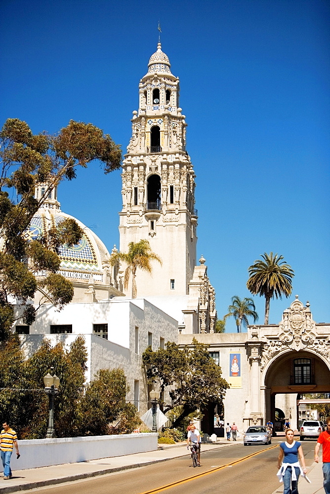 Low angle view of a steeple against a blue sky, San Diego, California, USA