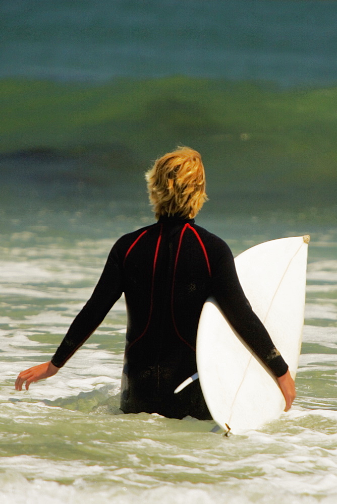 Rear view of a man walking into the sea with a surfboard