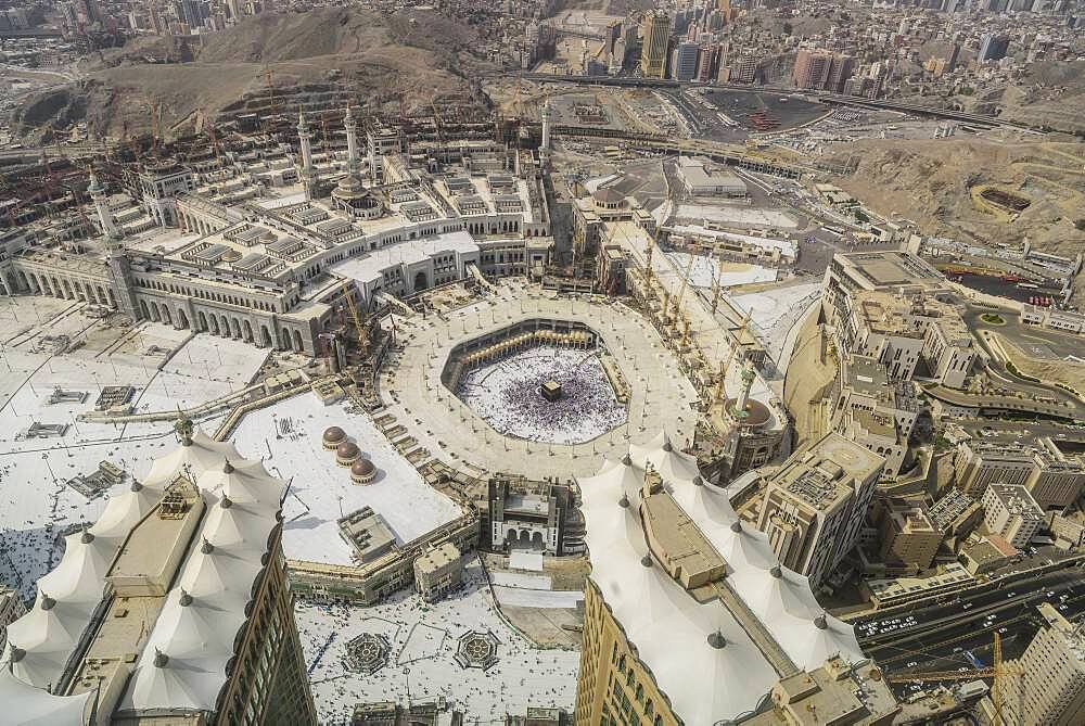 The Hajj annual Islamic pilgrimage to Mecca, Saudi Arabia, the holy place, Aerial view.