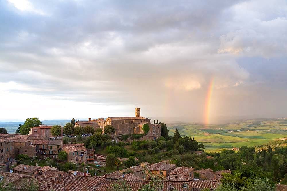 Rainbow over the hilltop town of Montalcino, Tuscany, Italy