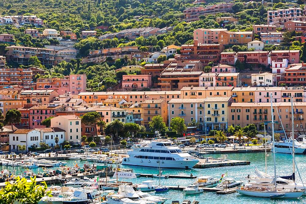 Porto Santo Stefano on Monte Argentario, harbour with boats moored, Tuscany, Italy