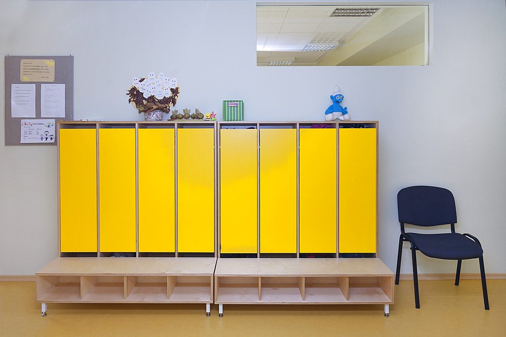 Modern day care nursery or pre-school kindergarten, spacious interiors, lockers and storage