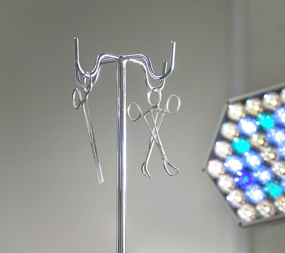 Instruments on a metal stand in an operating theatre in a new hospital.