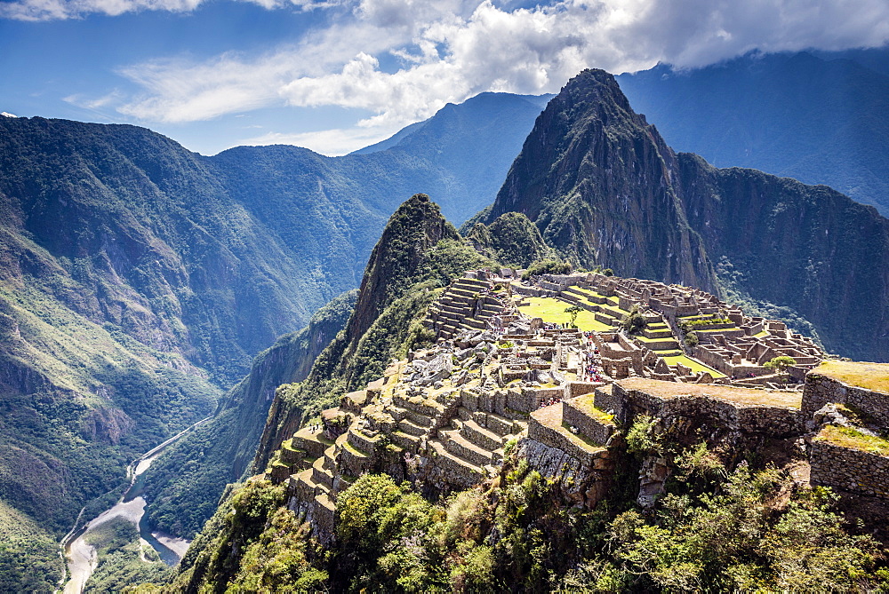 Machu Picchu, the Inca citadel high in the Andes, above the Sacred Valley, plateau with buildings and terraces, Machu Picchu, Peru