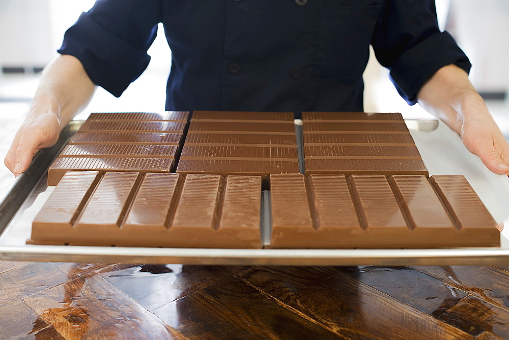 Organic Chocolate Manufacturing. A person holding a tray of processed chocolate slabs, Woodstock, New York, USA