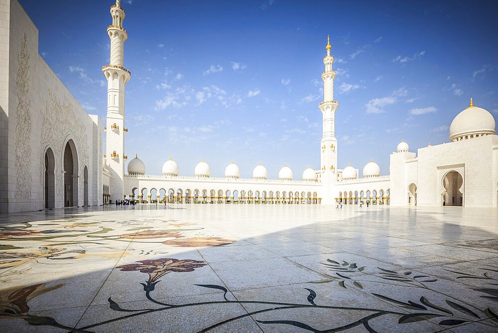 The Sheikh Zayed Mosque, the courtyard and exterior of the prayer hall, modern architecture.