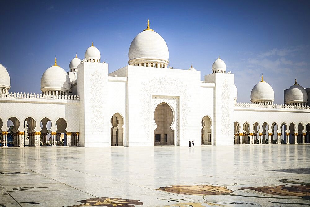 The Sheikh Zayed Mosque, the courtyard and exterior of the prayer hall, modern architecture.