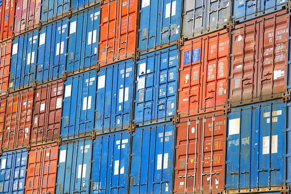 A stack of cargo containers, commercial freight containers, packed together and waiting to be moved, Seattle, Washington, USA