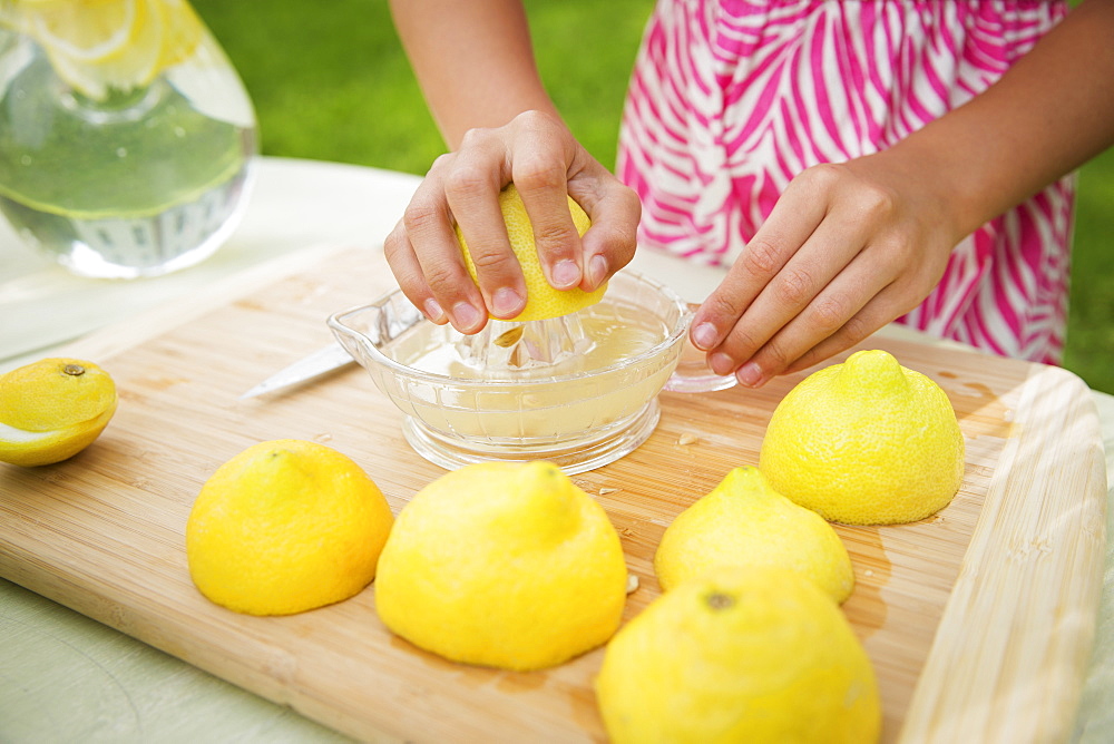 A summer family gathering at a farm. A girl slicing and juicing lemons to make lemonade.