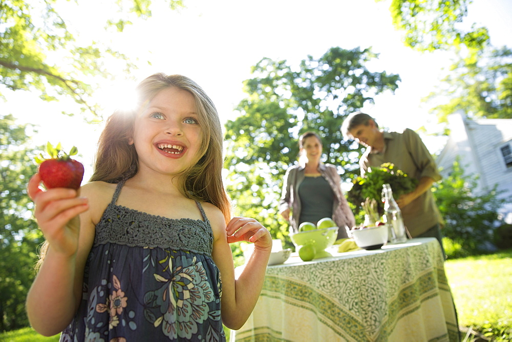 Outdoors in summer. On the farm. Children and adults together. A young girl holding a large fresh organically produced strawberry fruit. Two adults beside a round table. 