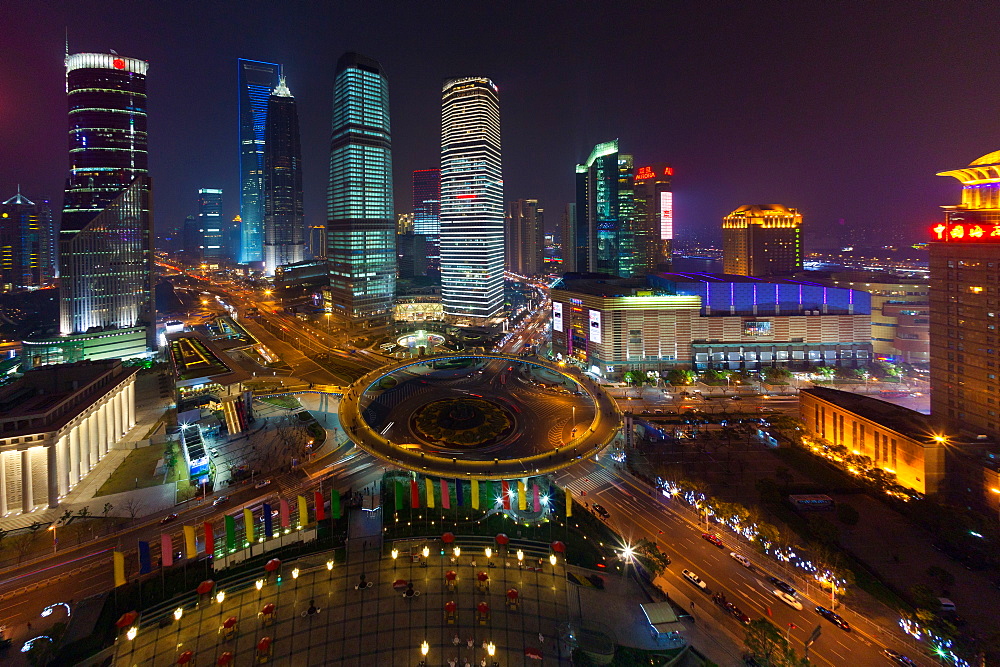 The Lujiazui Traffic Circle, with an elevated pedestrian promenade, at night, Shanghai, China, Shanghai, China