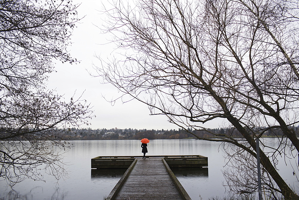 A woman standing at the end of a dock with an orange umbrella on a cloudy, grey day in Seattle, Seattle, Washington, USA