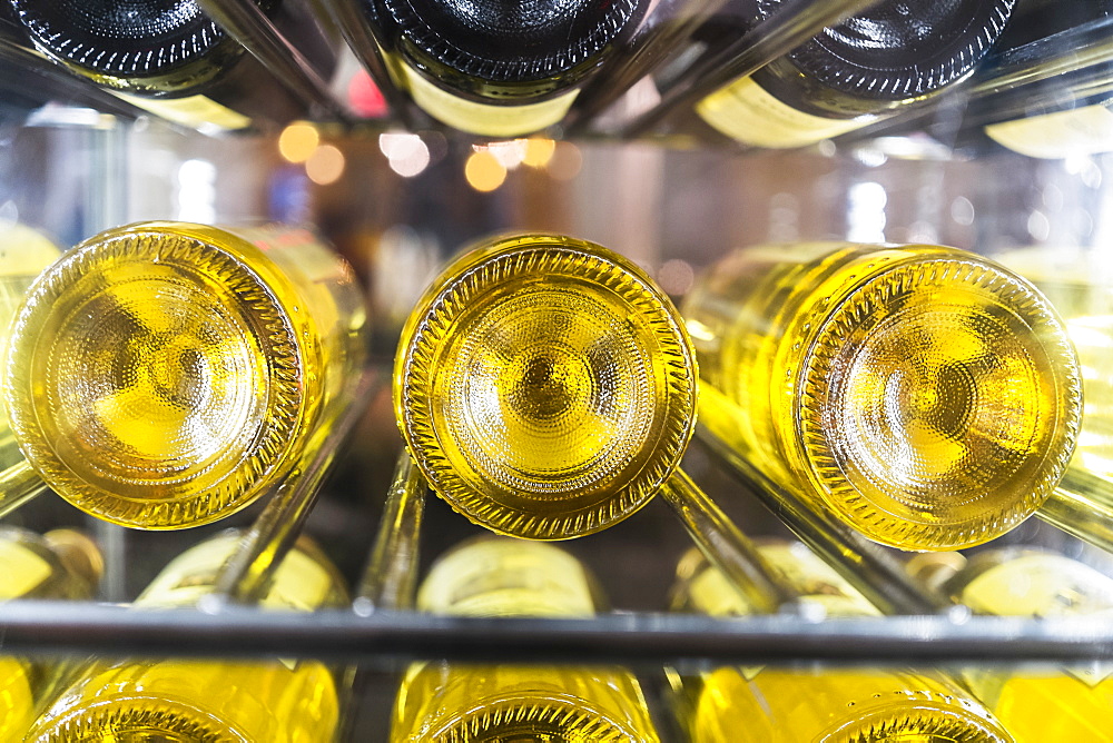 View of bottles of white wine laid down on a rack in a cellar, USA