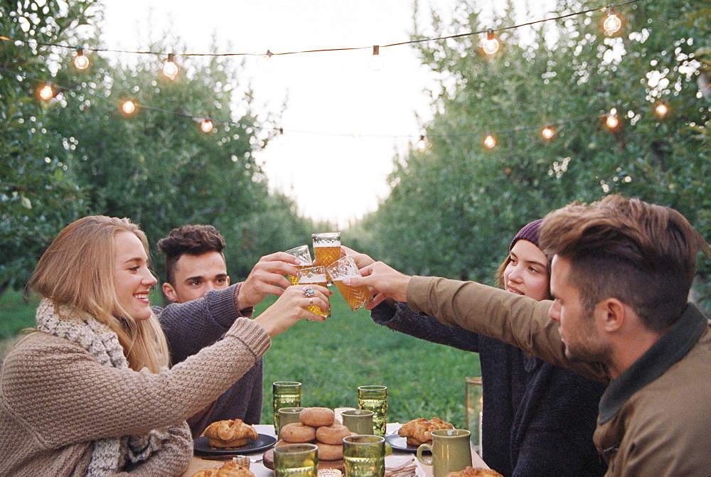 An apple orchard in Utah. Group of people toasting with a glass of cider, food and drink on a table, Sataquin, Utah, United States of America