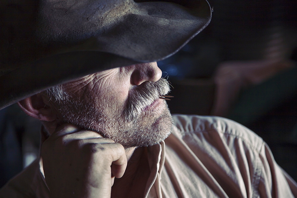 A man wearing a brimmed hat with his chin on his hand, Cowboy, Canada