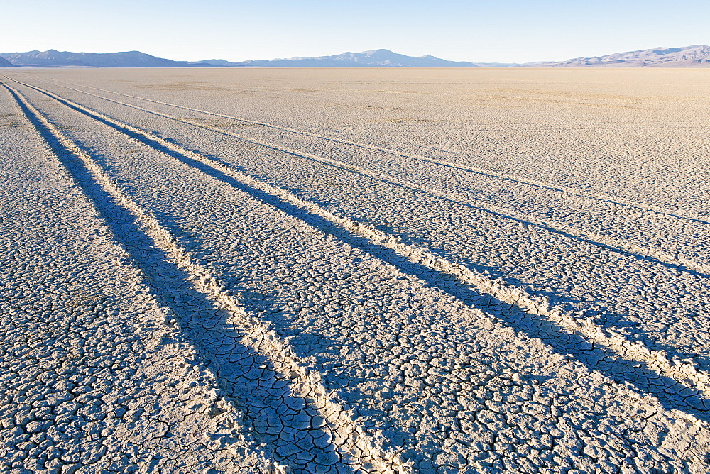 Tire tracks on the dry surface of the desert, Black Rock Desert, Washoe County, Nevada, USA