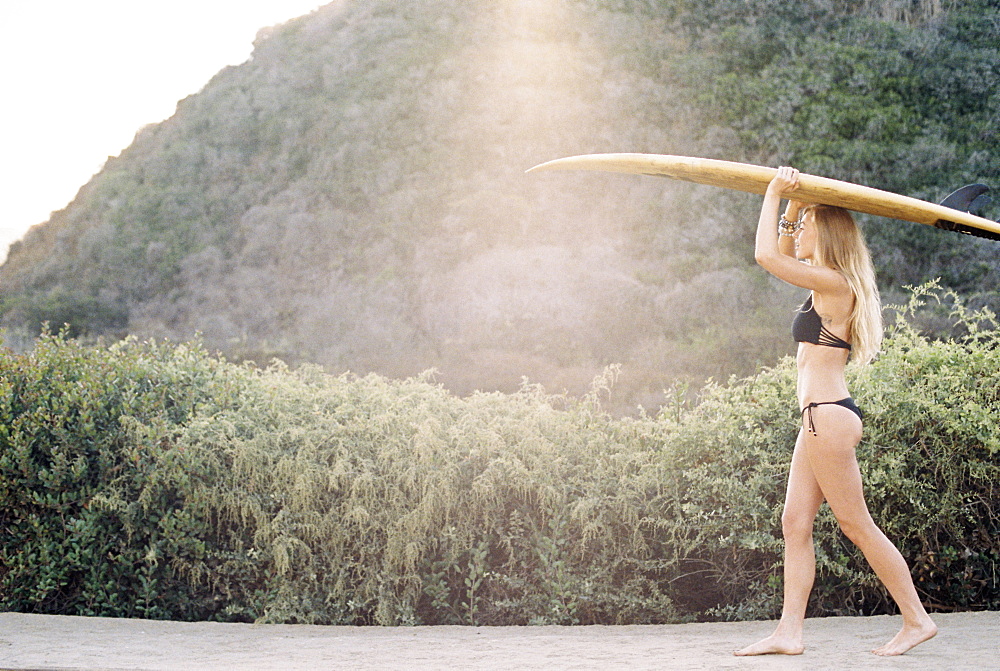 A woman in a black bikini walking down a path carrying a surfboar on her head.