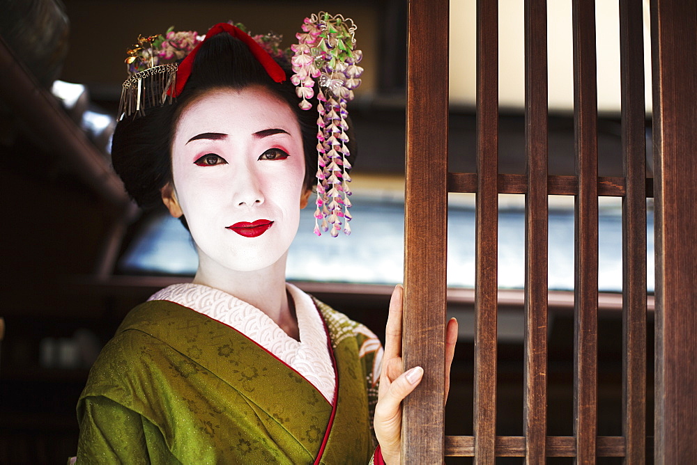 A woman dressed in the traditional geisha style, wearing a kimono and obi, with an elaborate hairstyle and floral hair clips, with white face makeup with bright red lips and dark eyes, Japan