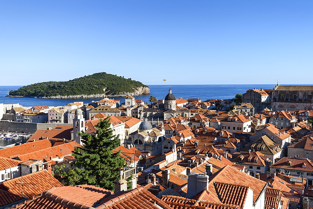 View across the rooftops of the historic old town of Dubrovnik, and a view to the Adriatic Sea, Dubrovnik, Croatia