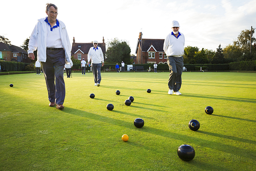 Three lawn bowls players, men walking across the green, the playing surface, at an end with bowls clustered around the yellow jack ball, England, United Kingdom