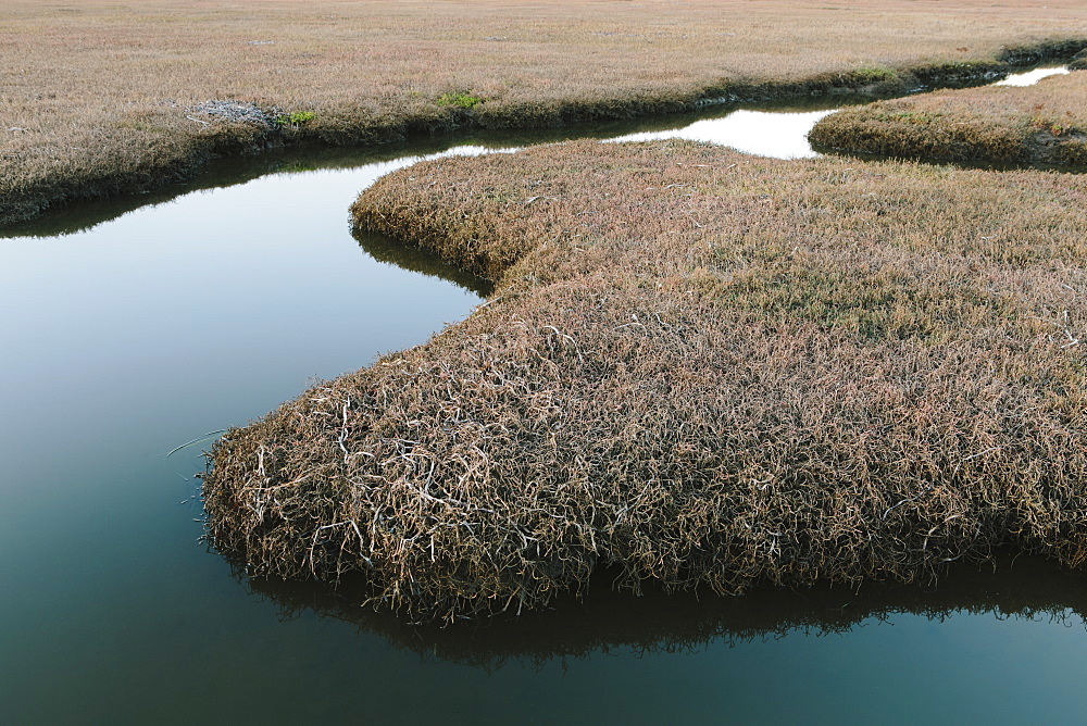 The open spaces of marshland and water channels. Flat calm water.