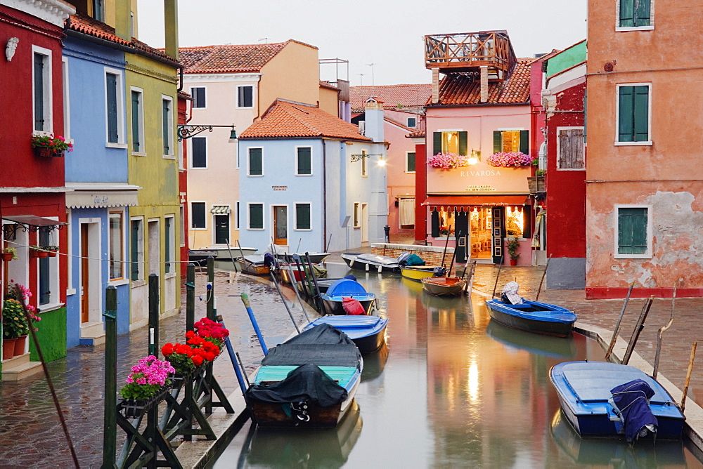 Boats in Burano Canal During a Rain Shower, Burano, Veneto, Italy