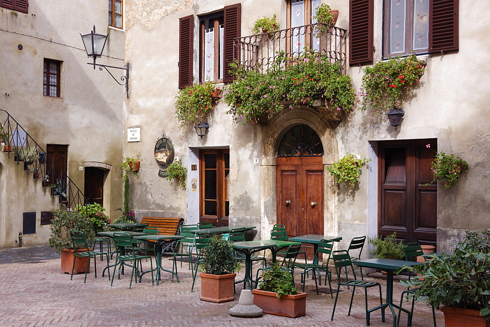 Cafe Seating in the Piazza di Spagna, Pienza, Tuscany, Italy