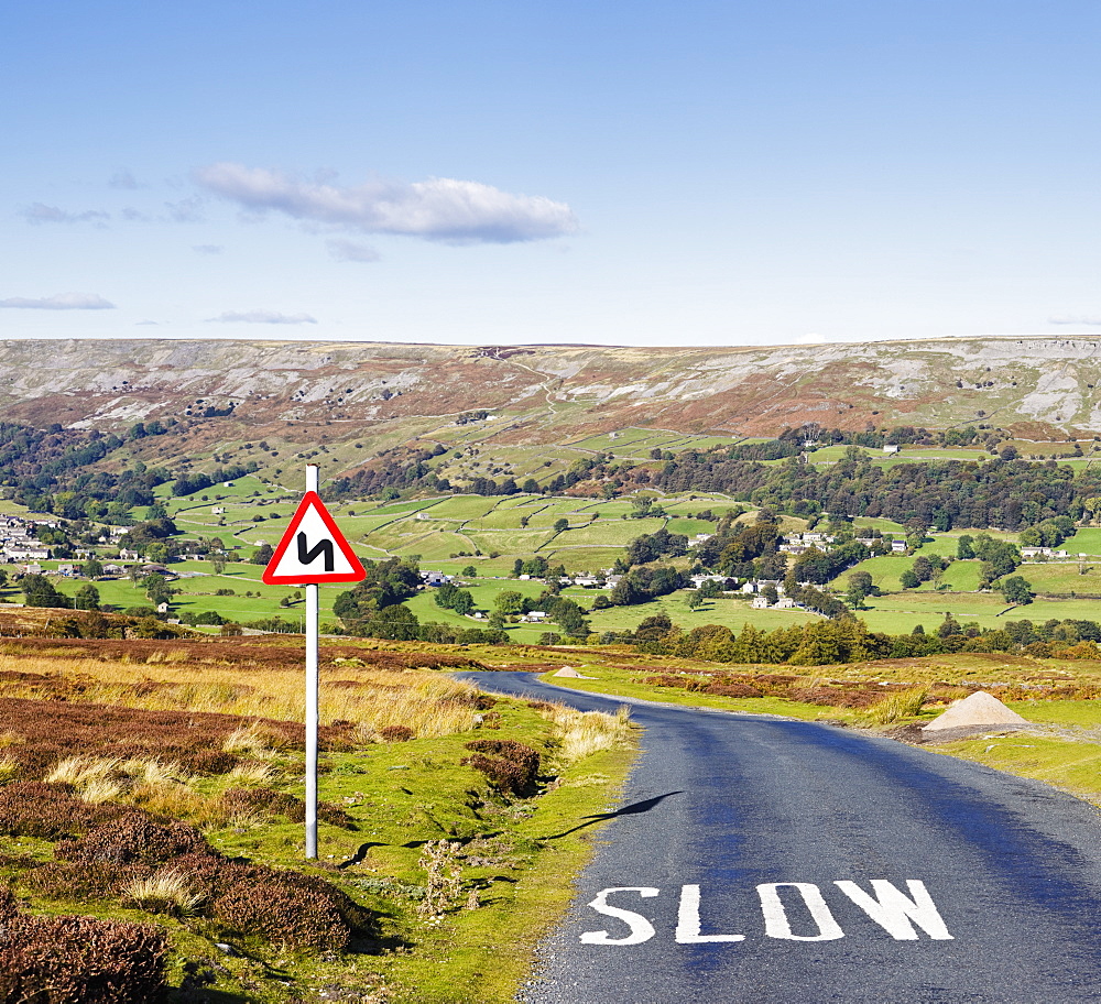 Country Road with Sign, Swaledale, Yorkshire Dales, England, UK