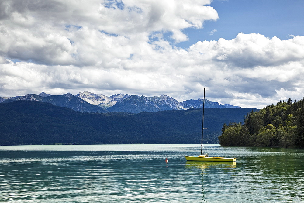 Sailboat Moored in Lake, Walchensee lake, Bavaria, Germany, Europe