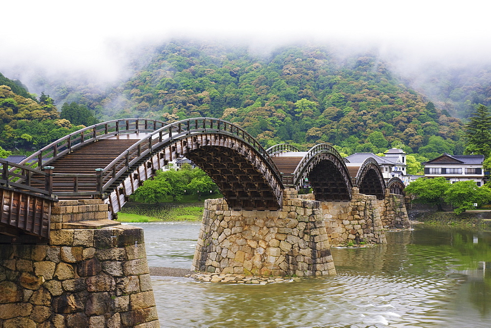 Asian Pedestrian Bridge Over a River, Iwakuni, Yamaguchi, Japan