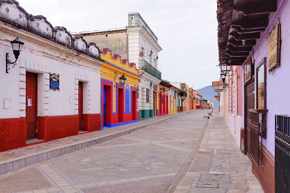 Colorful Buildings on Street, Chiapas, Mexico