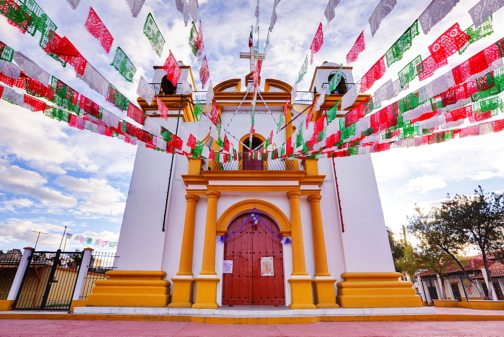 Red, white and green banners on church, Chiapas, Mexico, Chiapas, Mexico