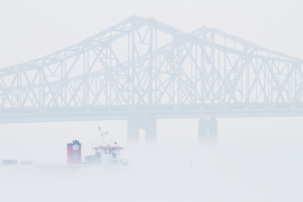 Bridge and Boat in Fog, New Orleans, Louisiana, USA