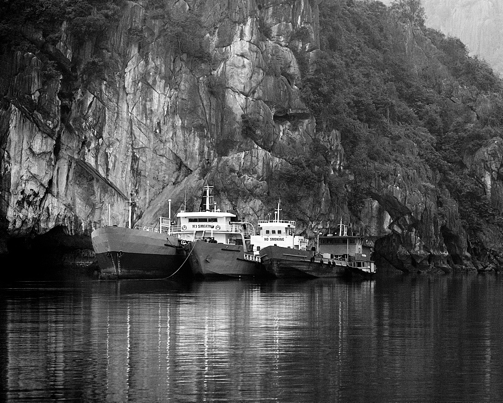 Boats Docked by a Cliff, Halong Bay, Quang Ninh, Vietnam