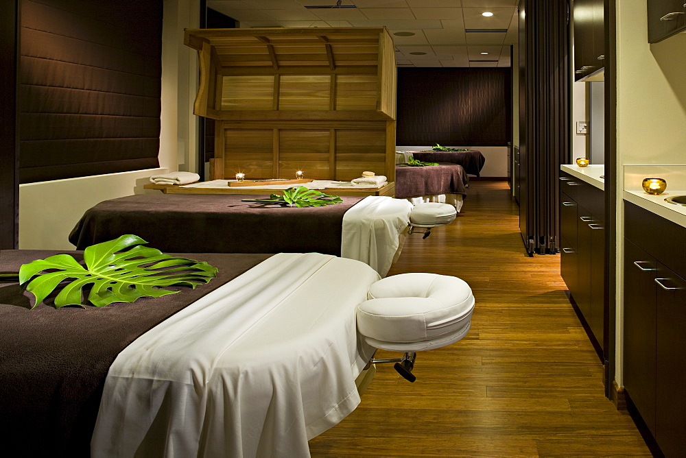 Massage tables in empty spa, Seattle, Washington, USA