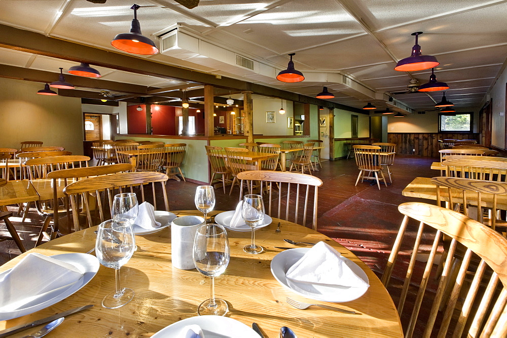 Empty tables and chairs in restaurant, Vashon Island, Washington, USA