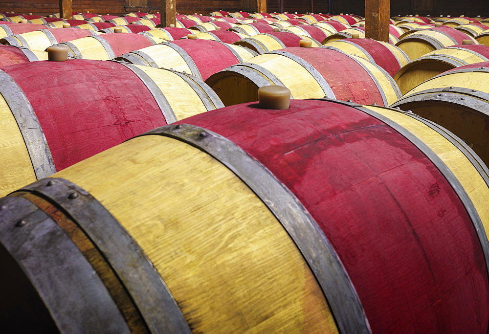 Close up of wine barrels in cellar, Napa, California, USA