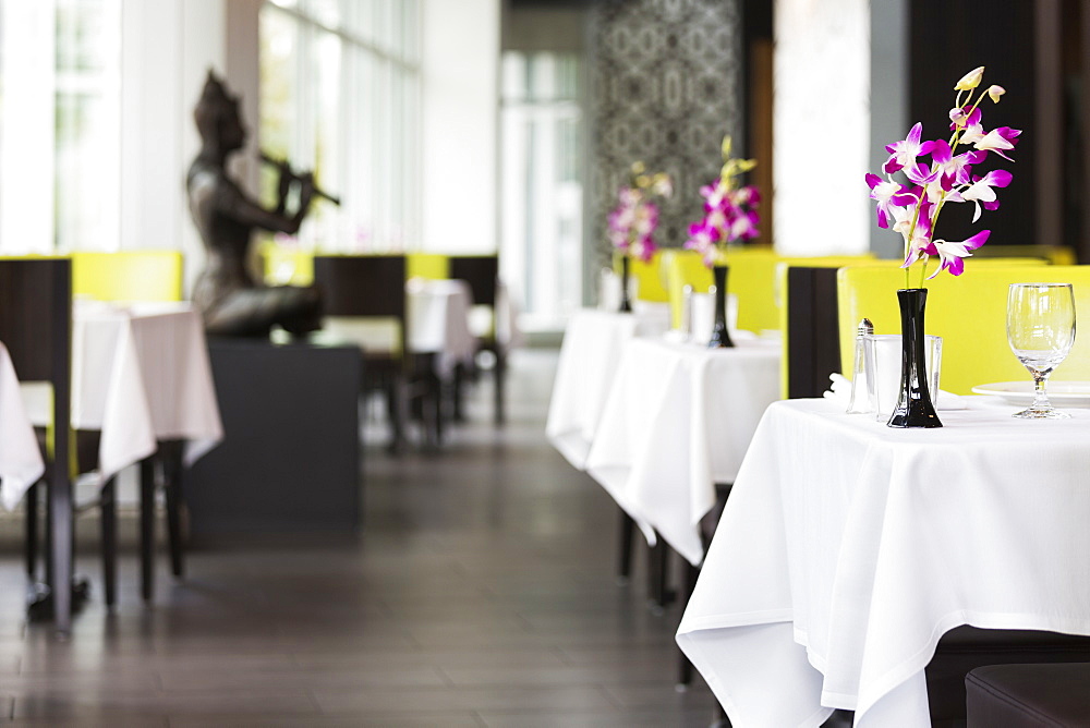 Set tables in Thai restaurant, Seattle, Washington, USA